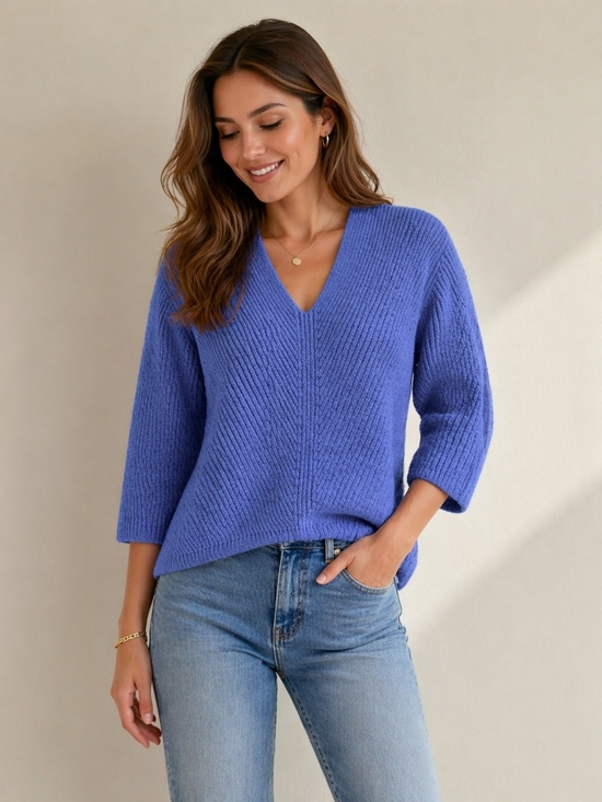 Wilfred Sweaters - Wilfred Aritzia Merino Wool Sweater Purple Ribbed V-Neck Cropped 3/4 Sleeve